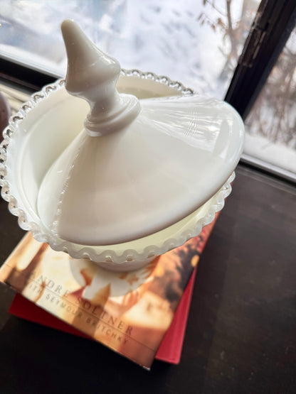 Fenton Silver Crest lidded large pedestal candy dish with pointed finial 10"