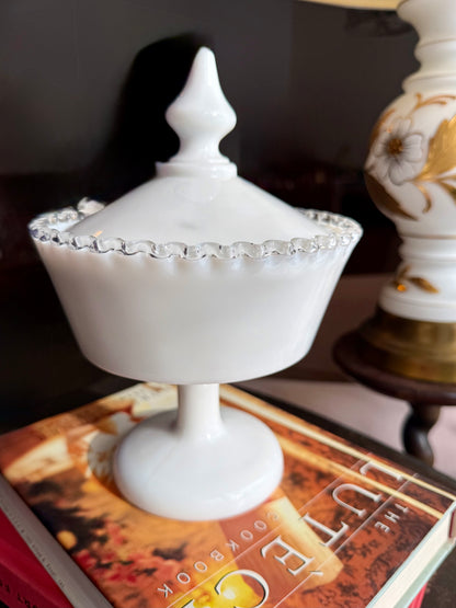 Fenton Silver Crest lidded large pedestal candy dish with pointed finial 10"