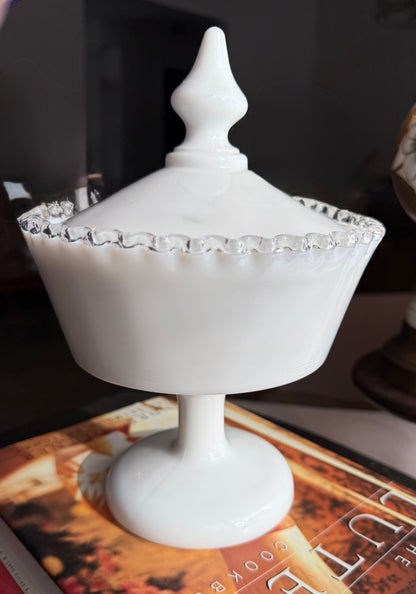 Fenton Silver Crest lidded large pedestal candy dish with pointed finial 10"