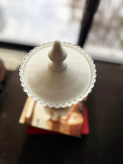 Fenton Silver Crest lidded large pedestal candy dish with pointed finial 10"