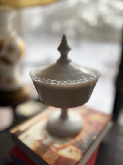 Fenton Silver Crest lidded large pedestal candy dish with pointed finial 10"