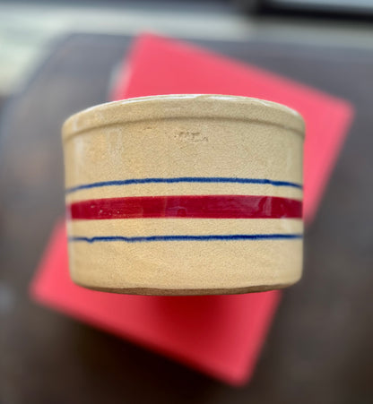 RRP Co Red & Blue stripes on Tan Robinson-Ransbottom Crock Roseville USA 4"x5.5"