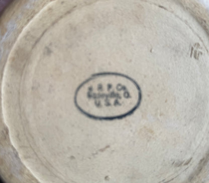 RRP Co Red & Blue stripes on Tan Robinson-Ransbottom Crock Roseville USA 4"x5.5"