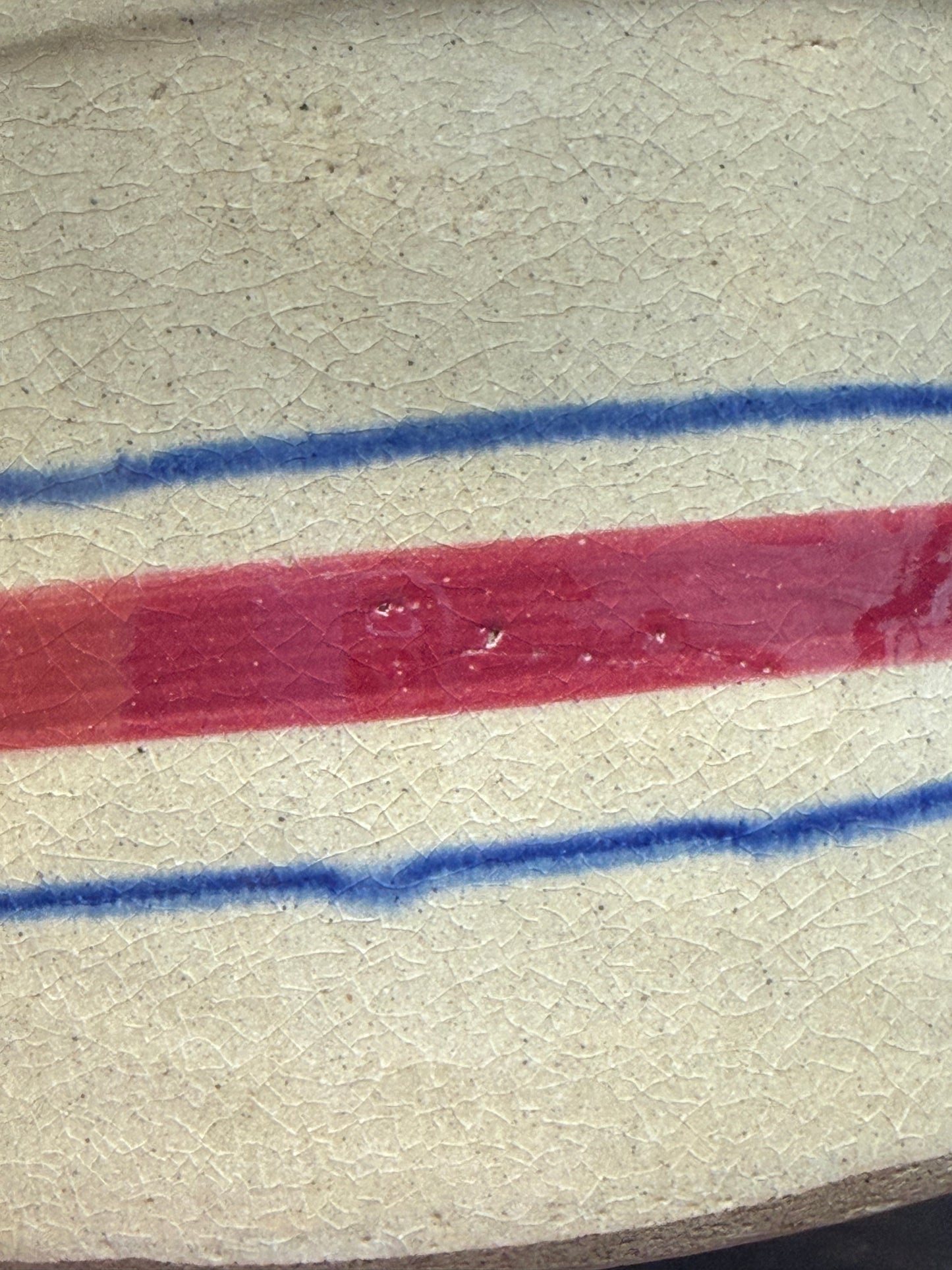 RRP Co Red & Blue stripes on Tan Robinson-Ransbottom Crock Roseville USA 4"x5.5"