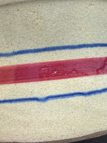 RRP Co Red & Blue stripes on Tan Robinson-Ransbottom Crock Roseville USA 4"x5.5"