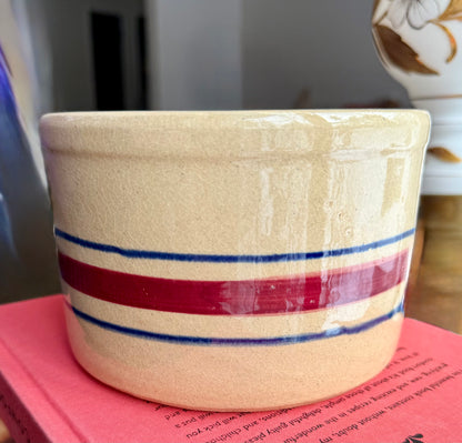 RRP Co Red & Blue stripes on Tan Robinson-Ransbottom Crock Roseville USA 4"x5.5"