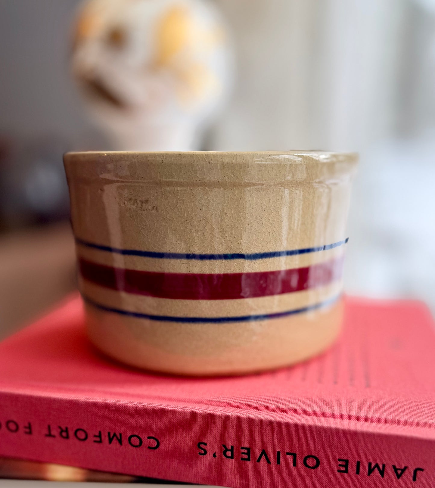 RRP Co Red & Blue stripes on Tan Robinson-Ransbottom Crock Roseville USA 4"x5.5"