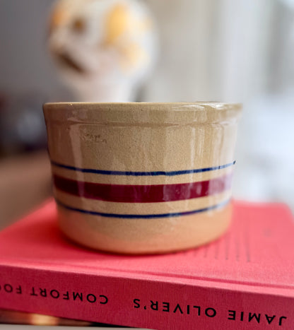 RRP Co Red & Blue stripes on Tan Robinson-Ransbottom Crock Roseville USA 4"x5.5"