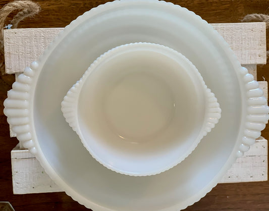 Milk Glass berry or salad bowl tab handled set (OTTV 2887) 1 large, 5 small, 6 total set