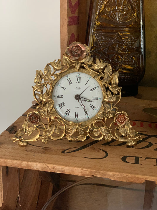 Linden Germany Black Forest alarm clock - gold tone with roses - untested