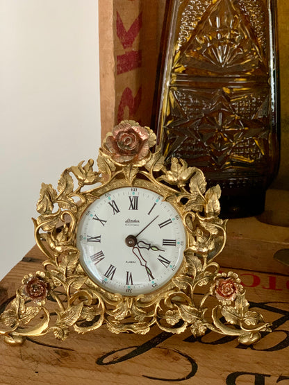 Linden Germany Black Forest alarm clock - gold tone with roses - untested