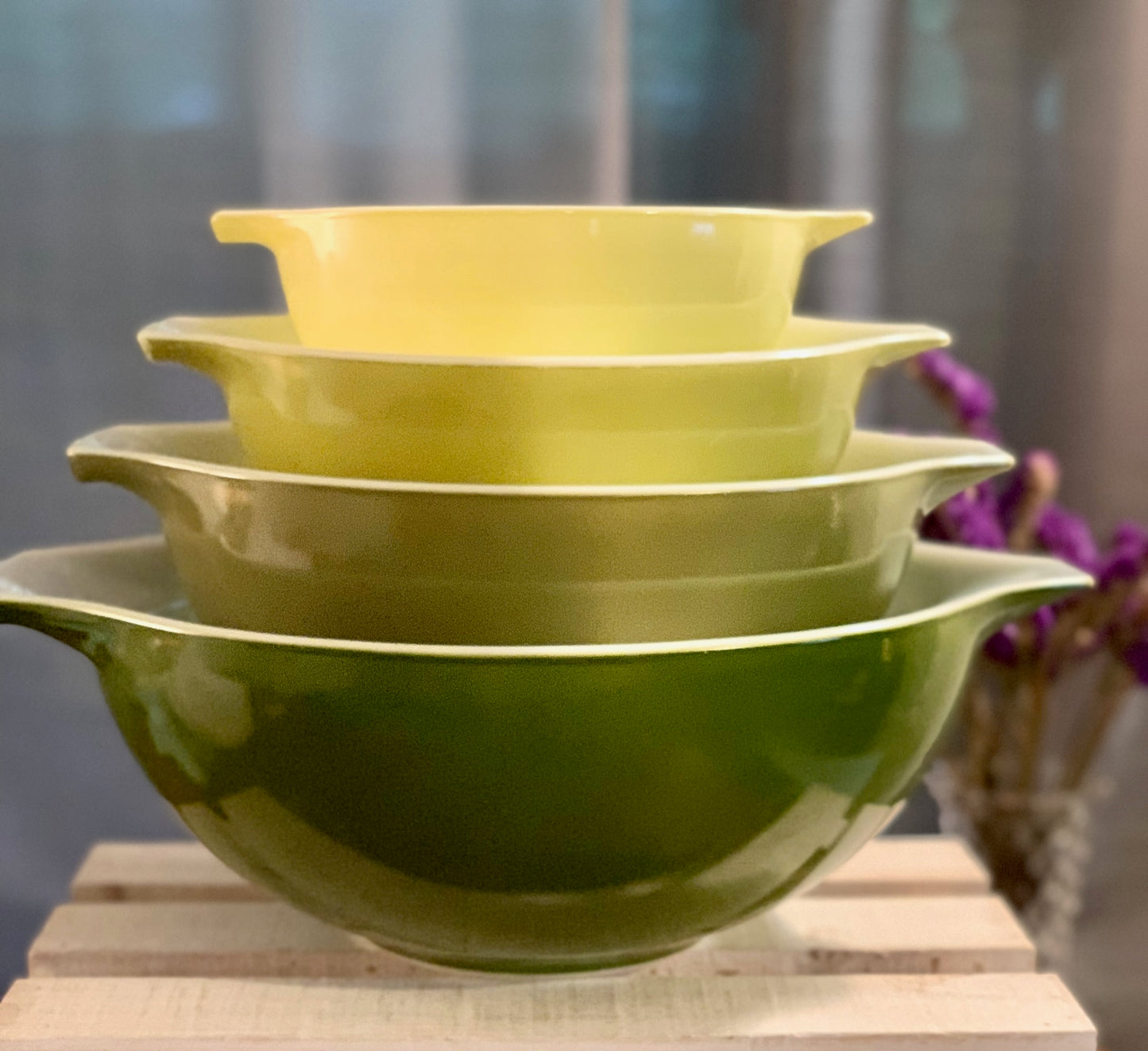 Pyrex Verde Cinderella FULL stack mixing bowls (OTTV 1768) 441, 442, 443, 444, excellent vintage condition