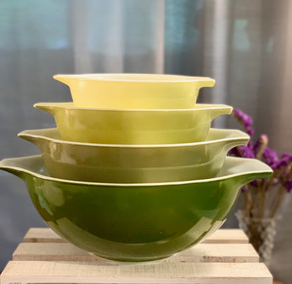 Pyrex Verde Cinderella FULL stack mixing bowls (OTTV 1768) 441, 442, 443, 444, excellent vintage condition