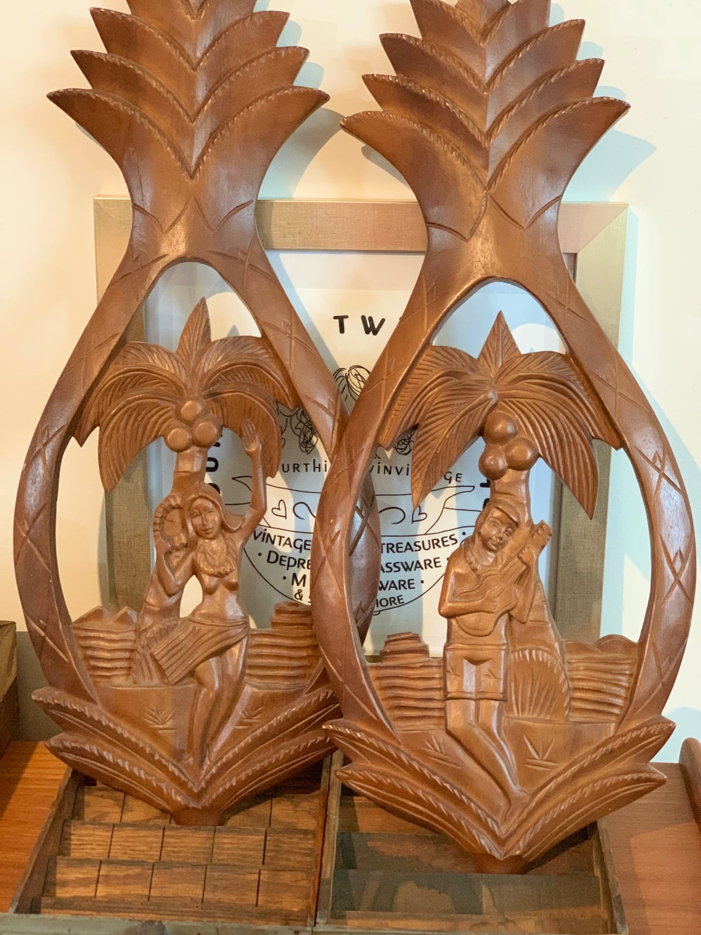 Tiki bar carved wood Hawaiian pineapple man and woman (OTTV 2932) from the Philippines, priced individually