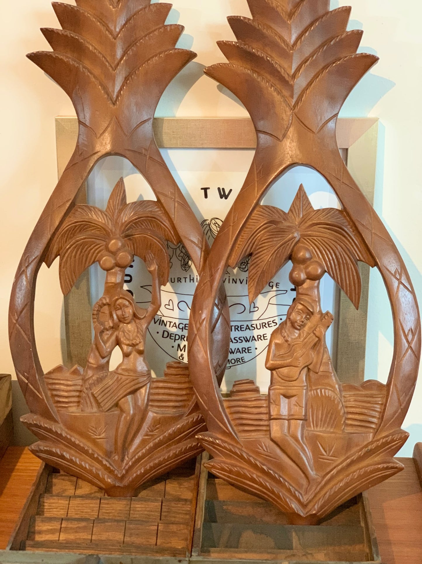 Tiki bar carved wood Hawaiian pineapple man and woman (OTTV 2932) from the Philippines, priced individually