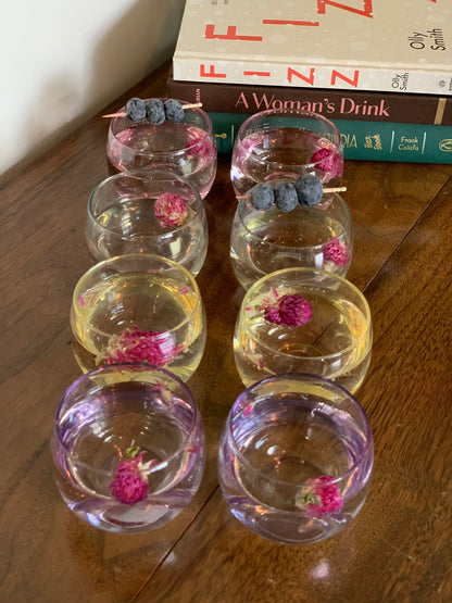 Federal Glass Sheer Rim Roly Poly In original Box from 1966. 8 IN BOX multicolored gem-tone (OTTV 2147.4) sold as an in box set