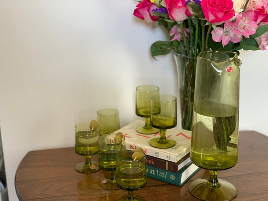 Vintage MCM set: Blown glass olive green cocktail pitcher & 6 green pedestal goblets made in Italy (OTTV 1779)