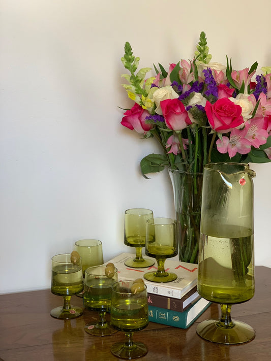 Vintage MCM set: Blown glass olive green cocktail pitcher & 6 green pedestal goblets made in Italy (OTTV 1779)