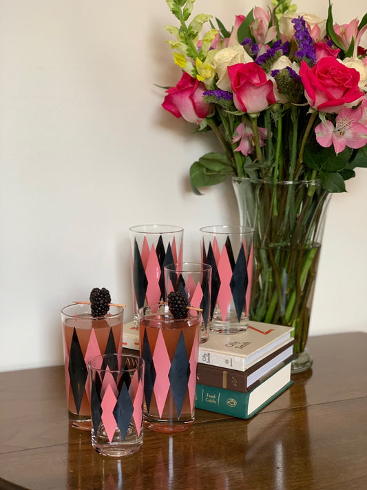 Harlequin Argyle Pink & Black Diamond Glasses, Highball & Juice, priced individually
