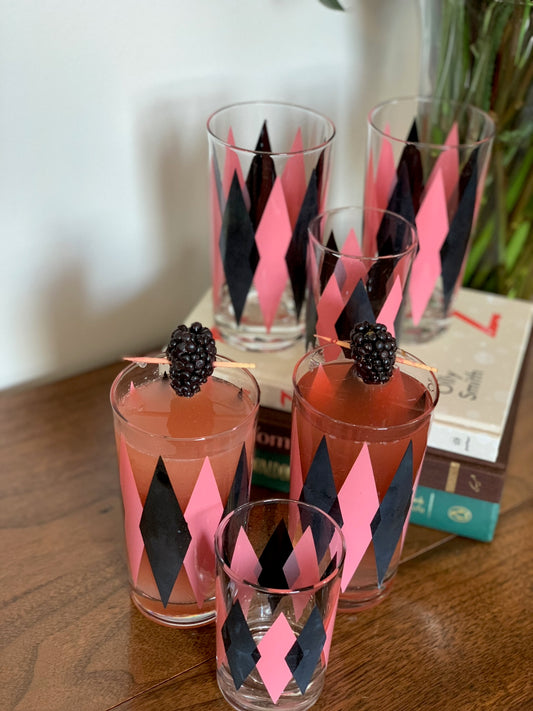 Harlequin Argyle Pink & Black Diamond Glasses, Highball & Juice, priced individually
