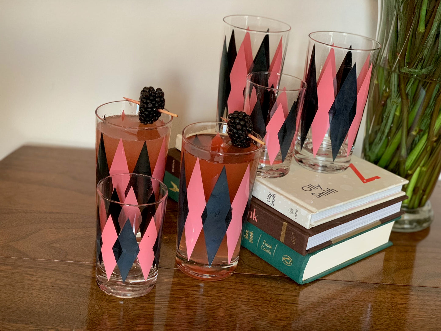 Harlequin Argyle Pink & Black Diamond Glasses, Highball & Juice, priced individually