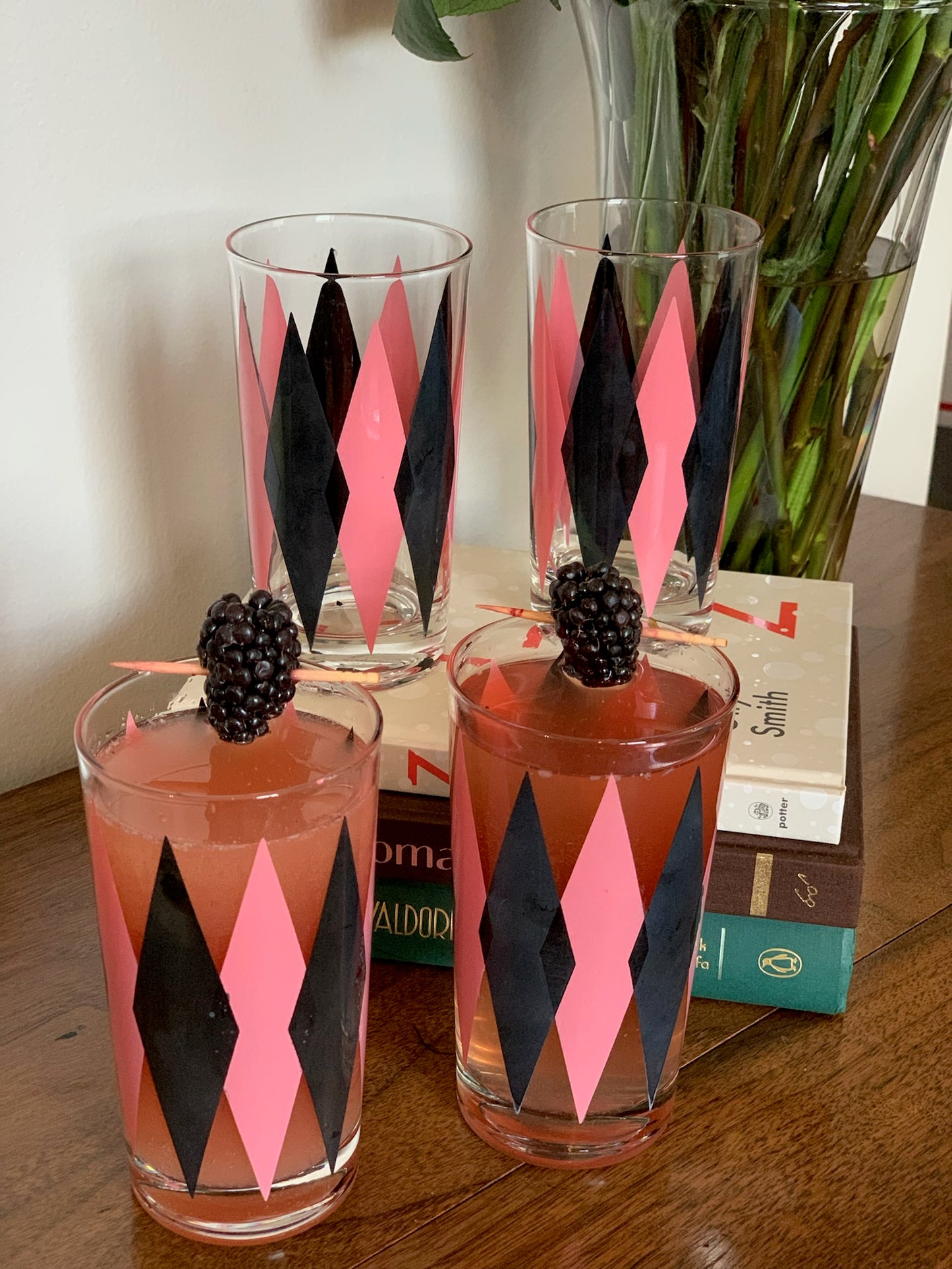 Harlequin Argyle Pink & Black Diamond Glasses, Highball & Juice, priced individually