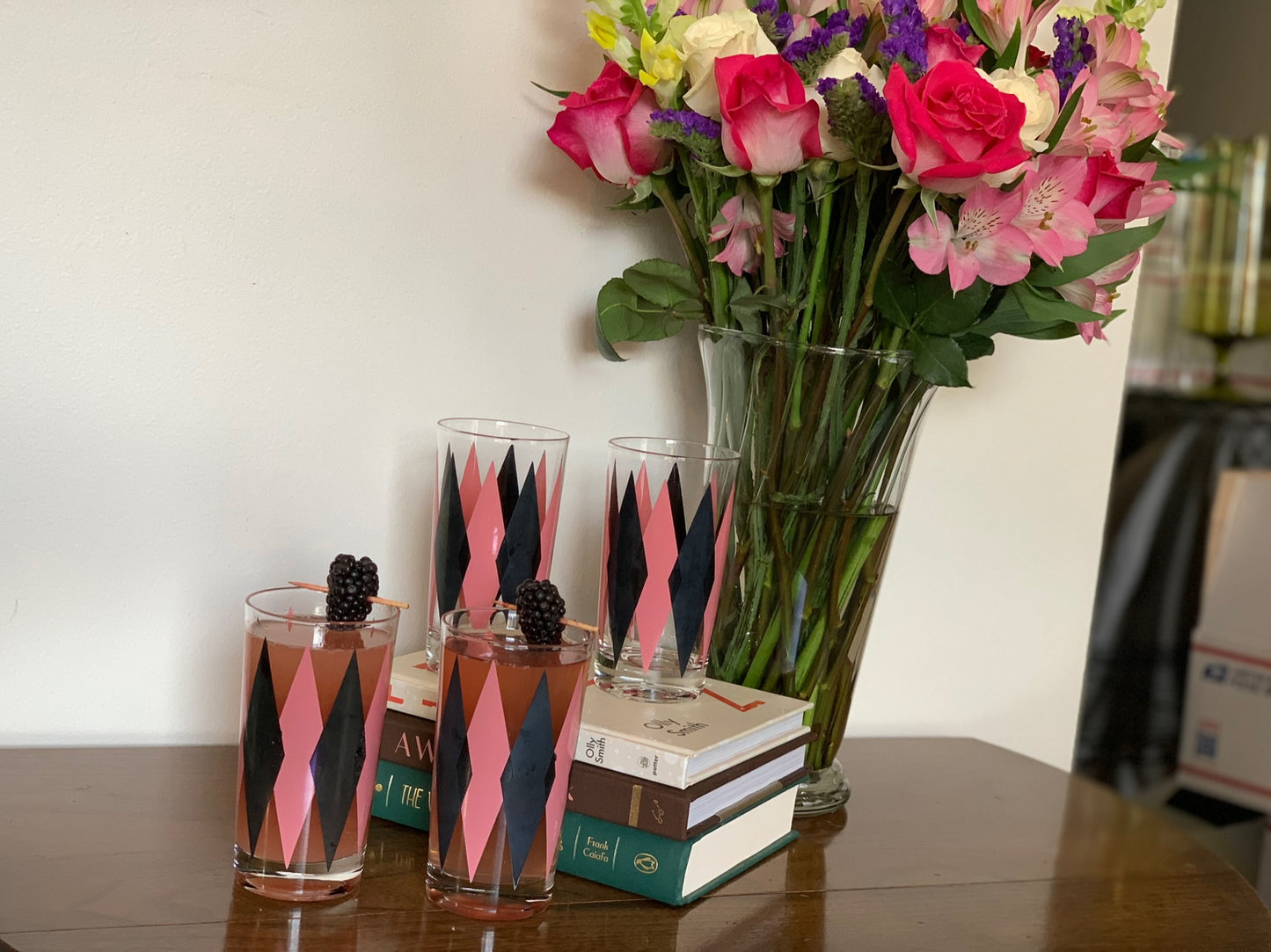 Harlequin Argyle Pink & Black Diamond Glasses, Highball & Juice, priced individually