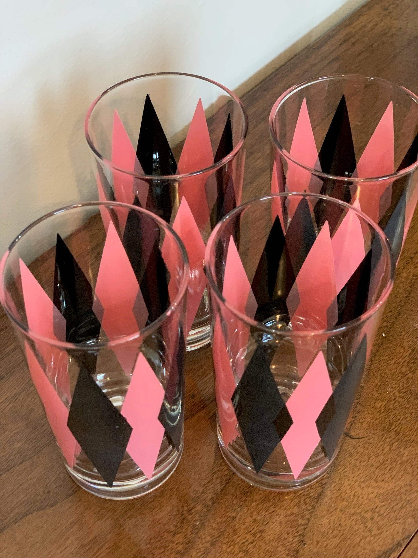 Harlequin Argyle Pink & Black Diamond Glasses, Highball & Juice, priced individually