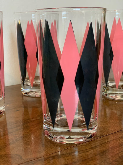 Harlequin Argyle Pink & Black Diamond Glasses, Highball & Juice, priced individually