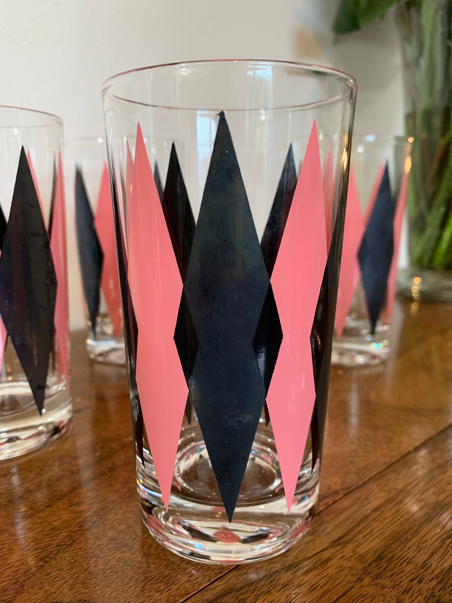 Harlequin Argyle Pink & Black Diamond Glasses, Highball & Juice, priced individually