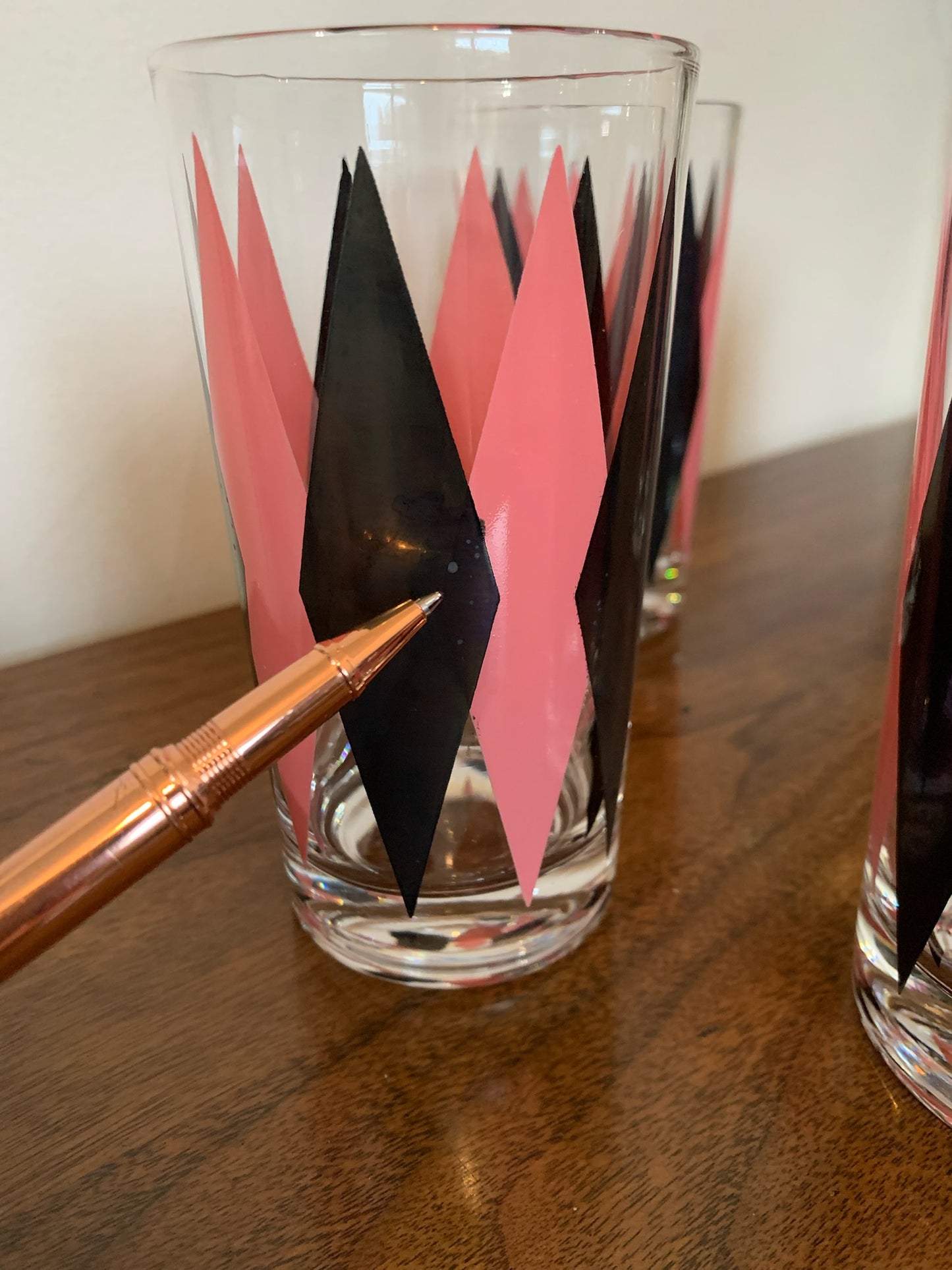 Harlequin Argyle Pink & Black Diamond Glasses, Highball & Juice, priced individually