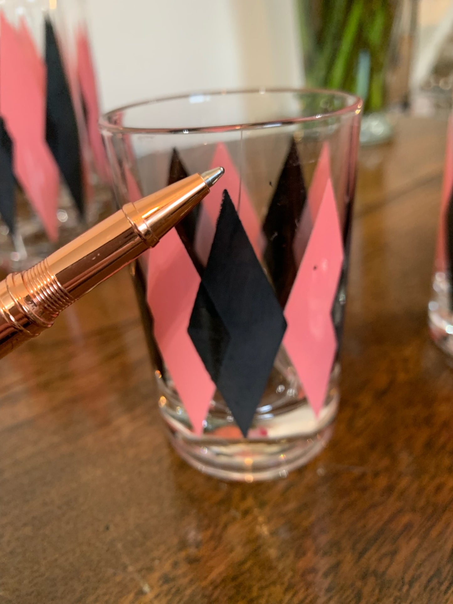 Harlequin Argyle Pink & Black Diamond Glasses, Highball & Juice, priced individually