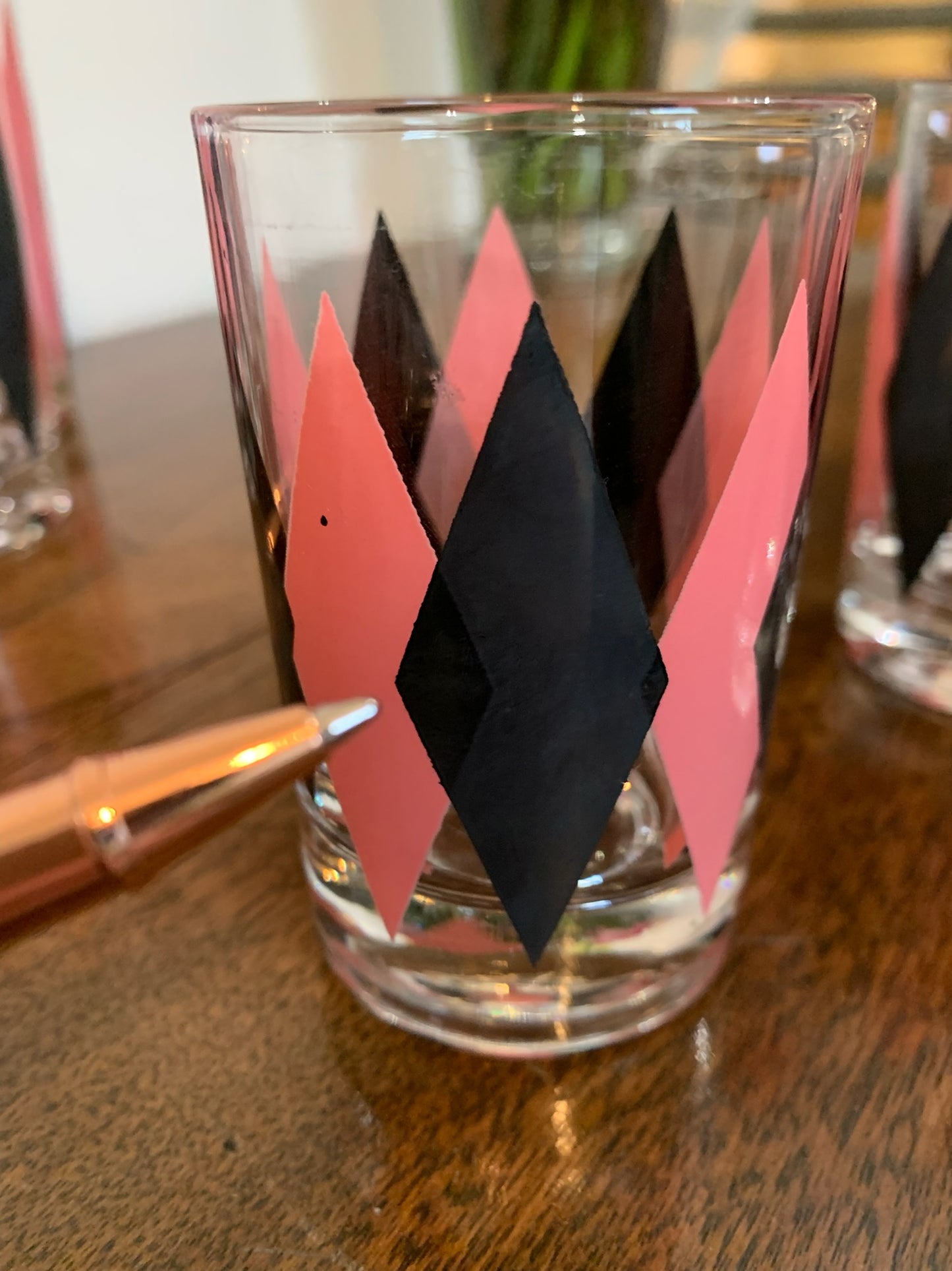 Harlequin Argyle Pink & Black Diamond Glasses, Highball & Juice, priced individually