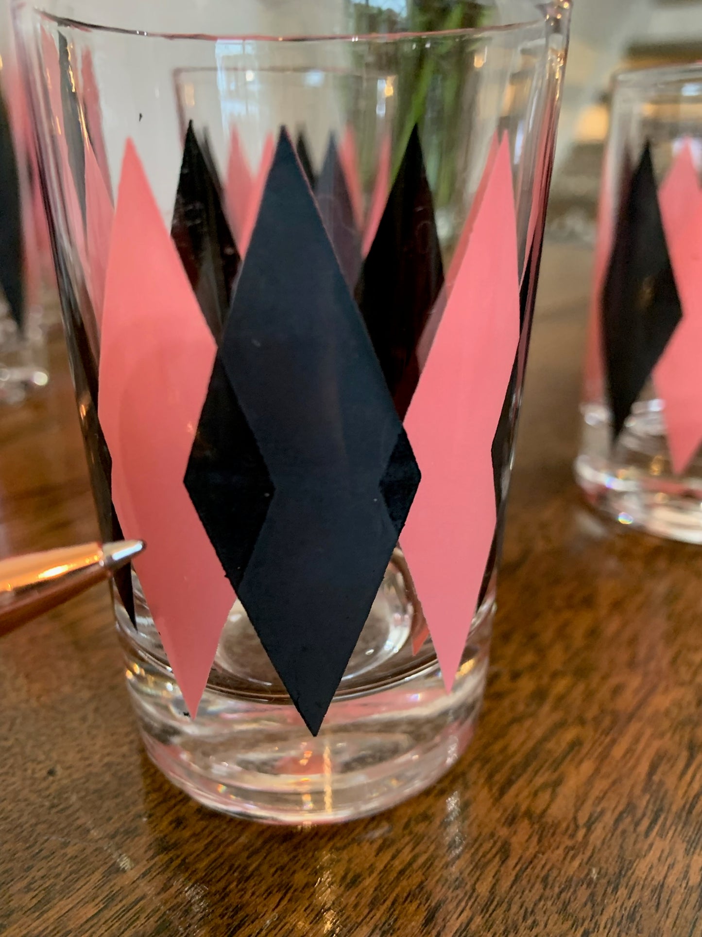 Harlequin Argyle Pink & Black Diamond Glasses, Highball & Juice, priced individually