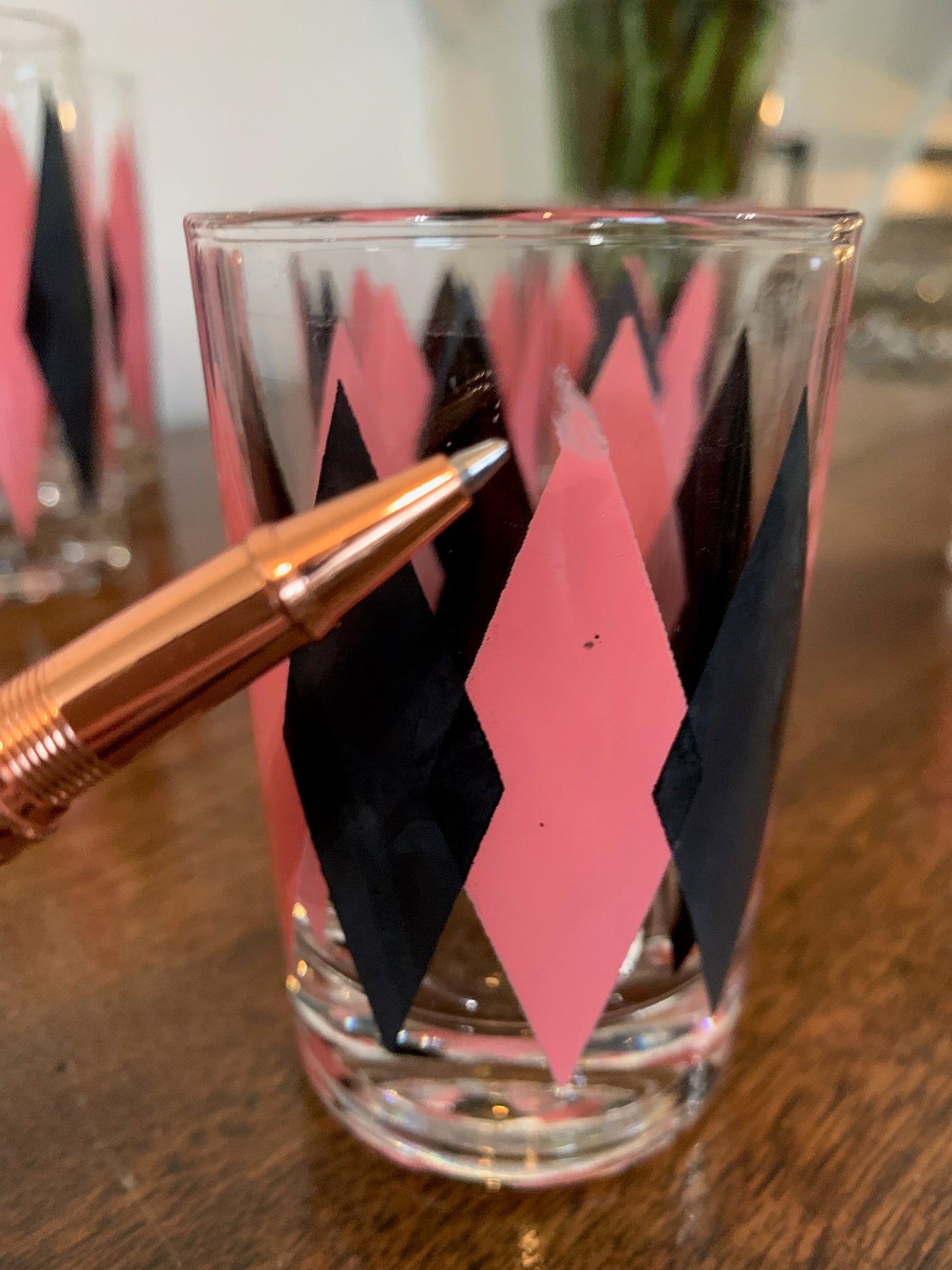 Harlequin Argyle Pink & Black Diamond Glasses, Highball & Juice, priced individually