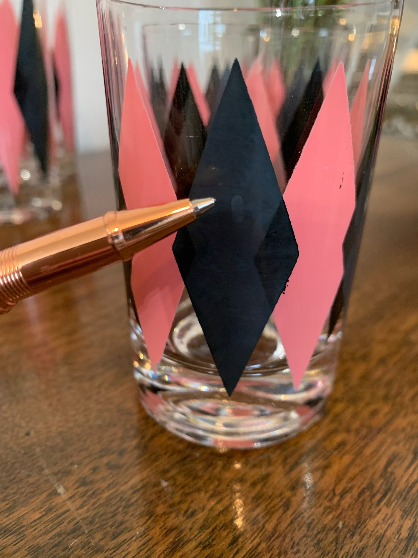 Harlequin Argyle Pink & Black Diamond Glasses, Highball & Juice, priced individually