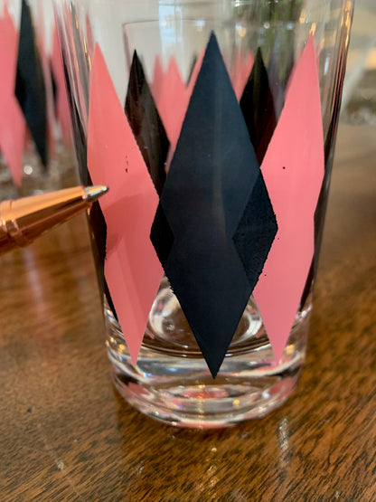Harlequin Argyle Pink & Black Diamond Glasses, Highball & Juice, priced individually