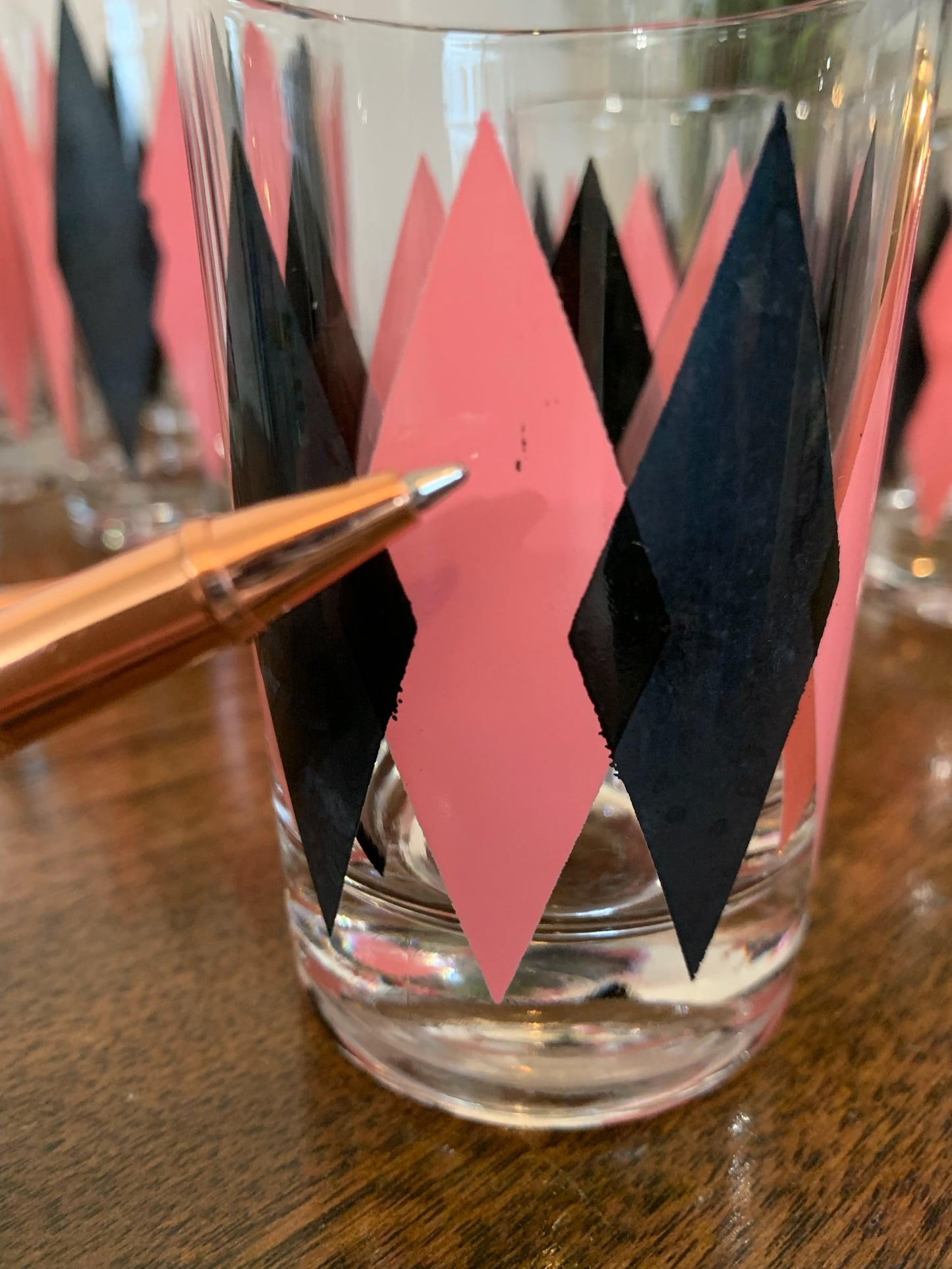 Harlequin Argyle Pink & Black Diamond Glasses, Highball & Juice, priced individually
