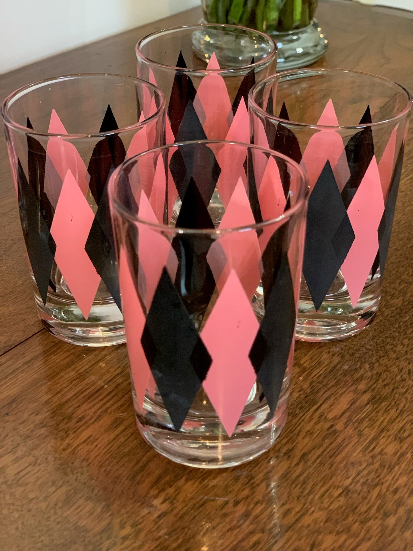 Harlequin Argyle Pink & Black Diamond Glasses, Highball & Juice, priced individually
