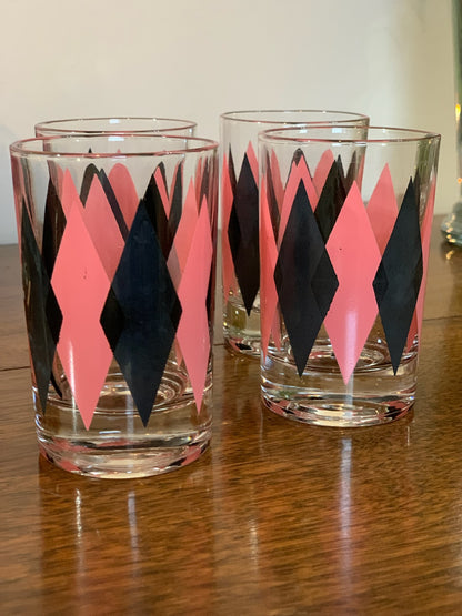 Harlequin Argyle Pink & Black Diamond Glasses, Highball & Juice, priced individually