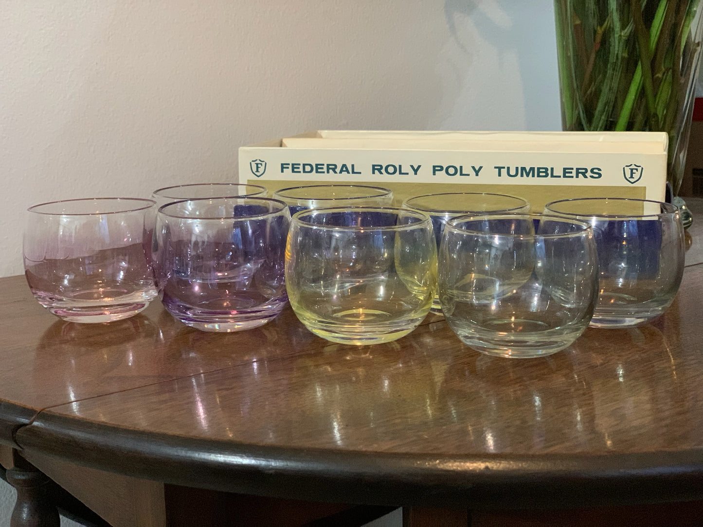 Federal Glass Sheer Rim Roly Poly In original Box from 1966. 8 IN BOX multicolored gem-tone (OTTV 2147.4) sold as an in box set