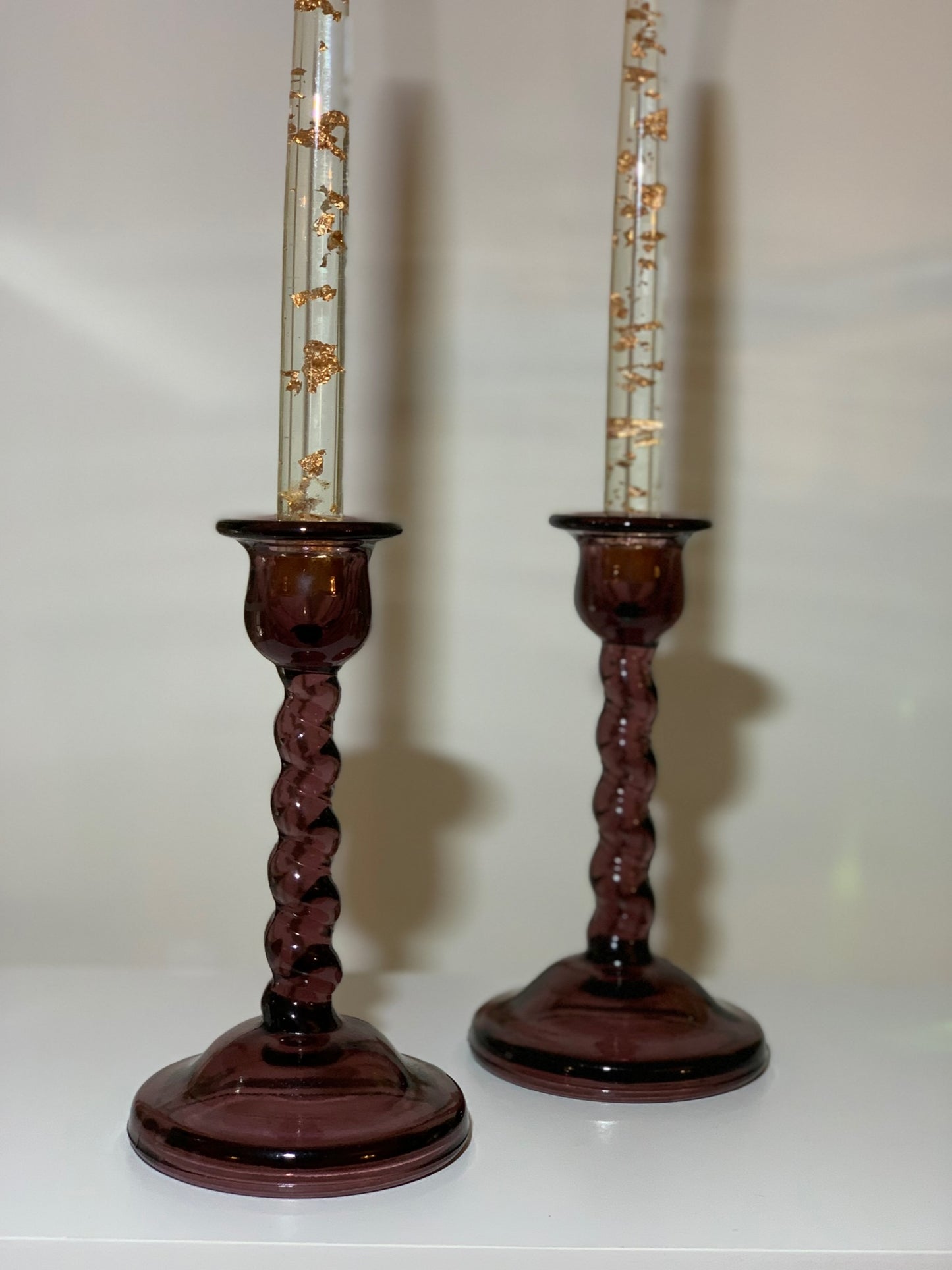 Amethyst twisted stem pair of candle sticks GLOWS (OTTV 2939.4) priced as a set
