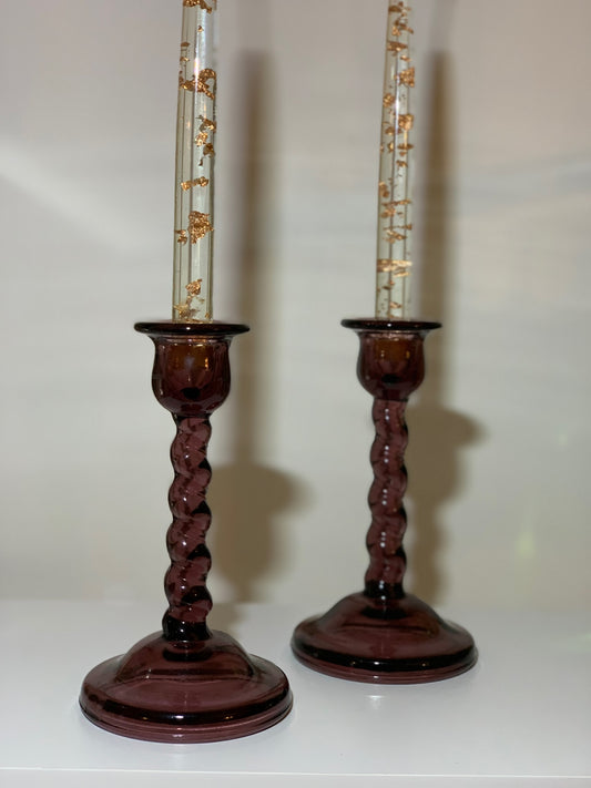 Amethyst twisted stem pair of candle sticks GLOWS (OTTV 2939.4) priced as a set