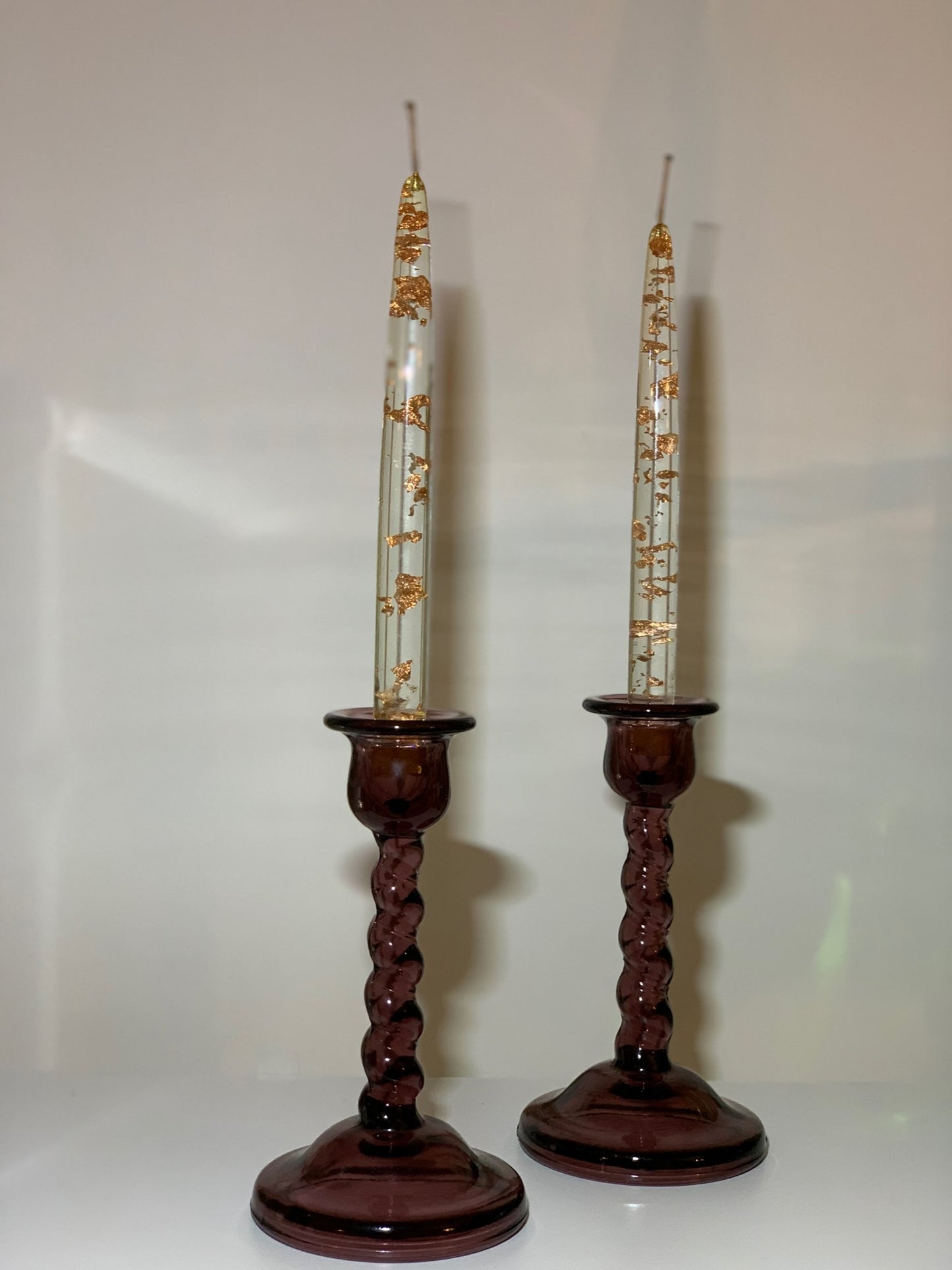 Amethyst twisted stem pair of candle sticks GLOWS (OTTV 2939.4) priced as a set