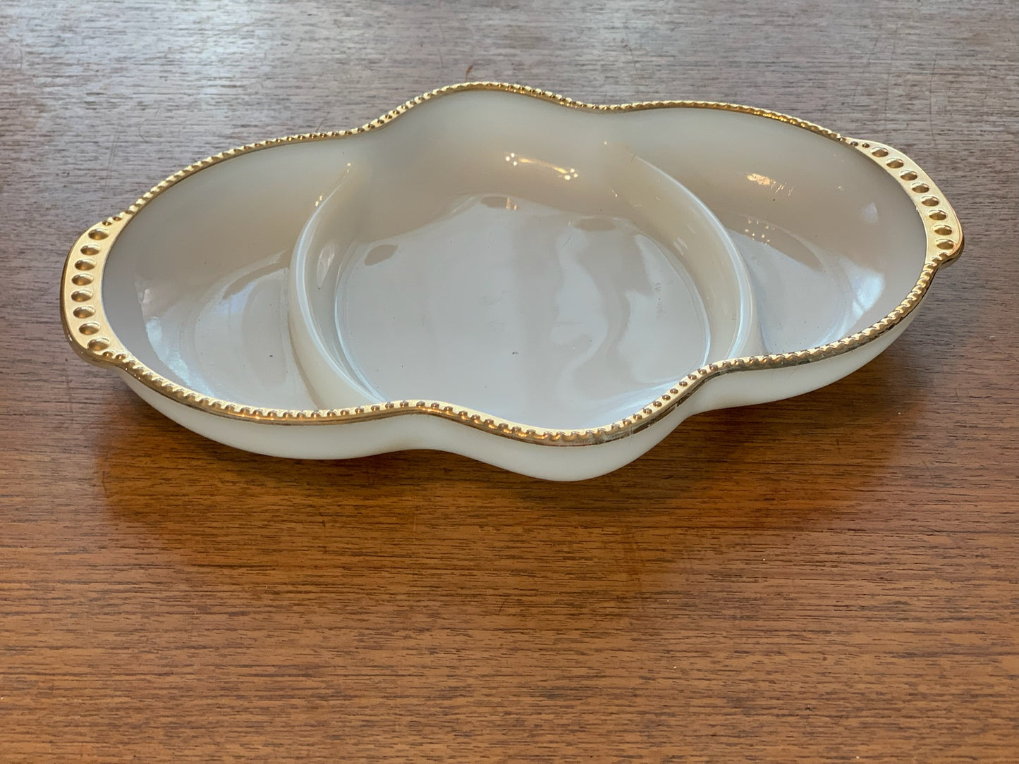 Fire king ovenware 3 section gold rim milk glass relish dish from 1950's (2410.1)