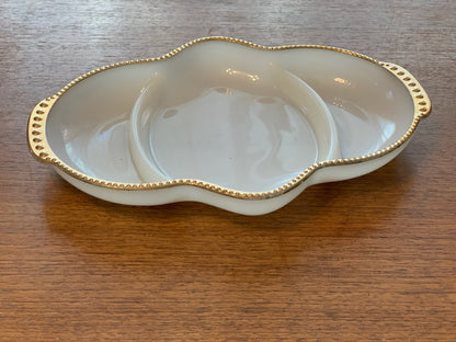 Fire king ovenware 3 section gold rim milk glass relish dish from 1950's (2410.1)