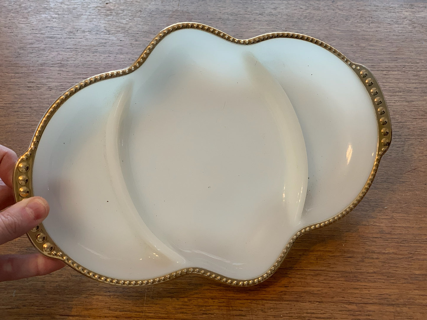 Fire king ovenware 3 section gold rim milk glass relish dish from 1950's (2410.1)