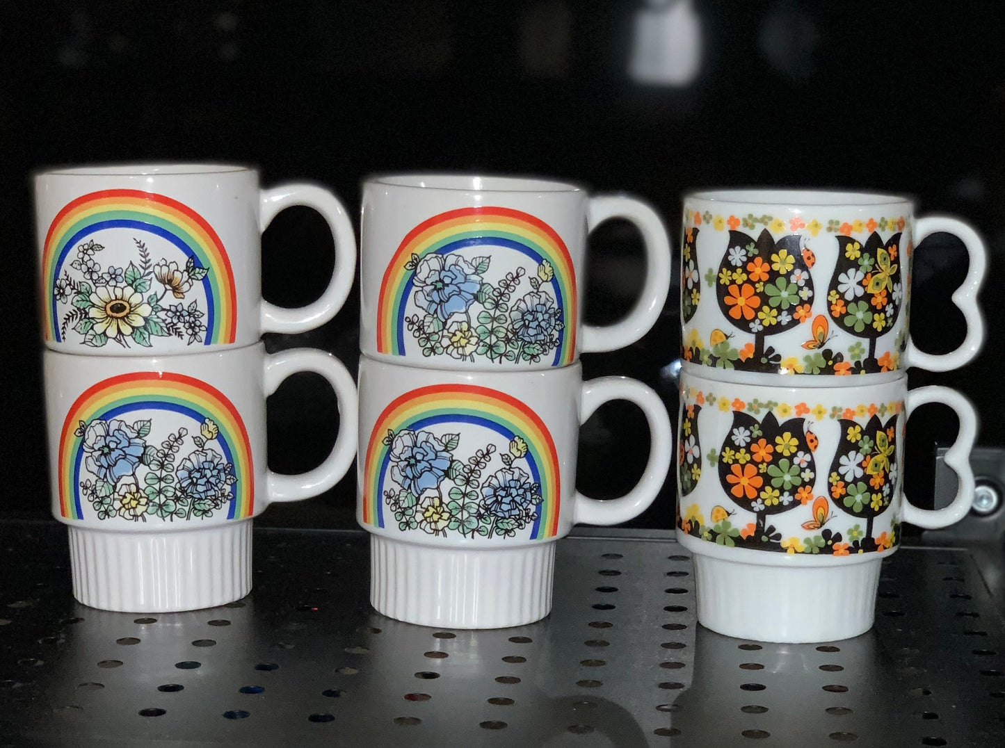 PAIR Vintage stacking Rainbow with rainbow and blue & White flowers Coffee Mugs (OTTV 2408.3)