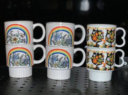 PAIR Vintage stacking Rainbow with rainbow and blue & White flowers Coffee Mugs (OTTV 2408.3)