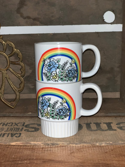 PAIR Vintage stacking Rainbow with rainbow and blue & White flowers Coffee Mugs (OTTV 2408.3)